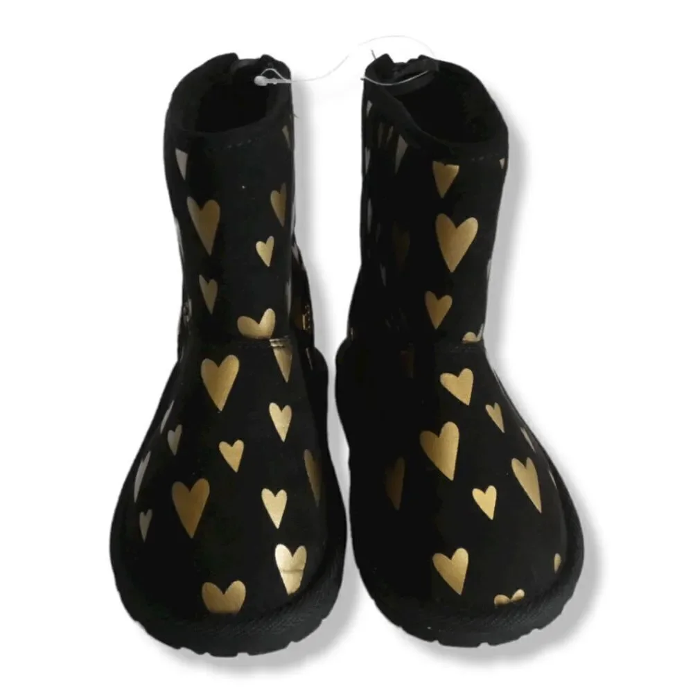 GAP Toddler Size 10 Black Metallic Gold Heart Sherpa Boots Back Zip Cozy Fall